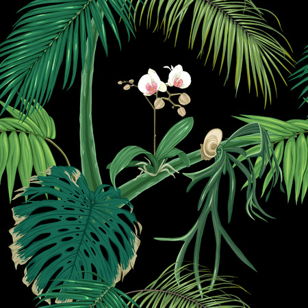 Tropical plants and flowers. Seamless pattern, background. Vector illustration. Isolated on black background.のイラスト素材