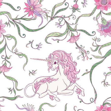 Seamless pattern, background with unicorn and vintage, fantsatic flowers In art nouveau style, vintage, old, retro style. Vector illustration. Isolated on white background.のイラスト素材