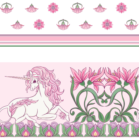 Seamless pattern, background with unicorn and vintage, fantsatic flowers In art nouveau style, vintage, old, retro style. Vector illustration. Isolated on white background.のイラスト素材