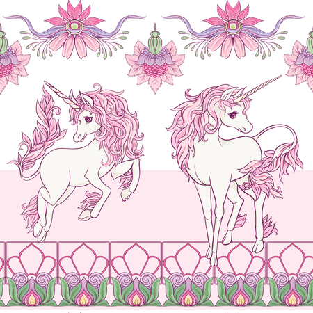 Seamless pattern, background with unicorn and vintage, fantsatic flowers In art nouveau style, vintage, old, retro style. Vector illustration. Isolated on white background.のイラスト素材