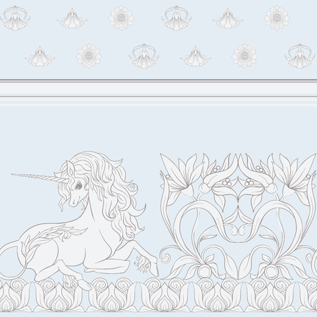 Seamless pattern, background with unicorn and vintage, fantsatic flowers In art nouveau style, vintage, old, retro style. Vector illustration. In vintage blue and beige colors.のイラスト素材