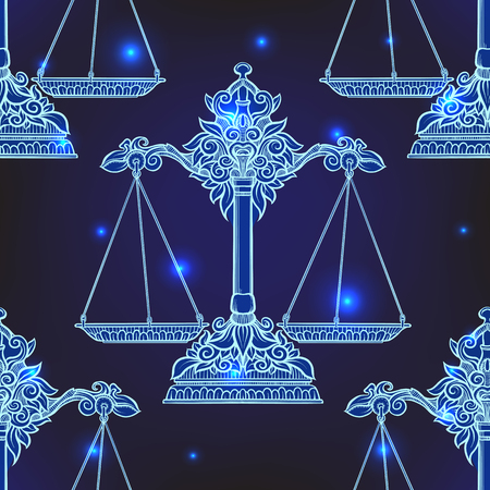 Seamless pattern, background with ethnic patterned ornate hand drawn weigher, scales, balance in deep and light blue colors on space background with starsのイラスト素材