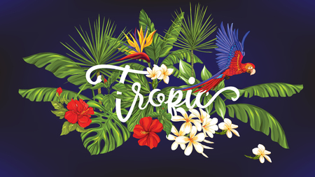 Template of poster, banner, postcard with tropical flowers and plants and parrot bird on black background. Stock vector illustration.のイラスト素材
