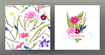 Set of seamless pattern and greeting card with a bouquet of spring flowers and the inscription Congratulations . Vector illustration without gradients and transparency.のイラスト素材