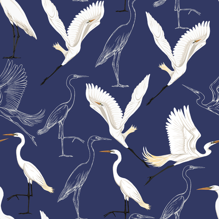 Seamless pattern, background with tropical birds. White heron, cockatoo parrot,  Colored and outline design on navy blue background.. Vector illustration.のイラスト素材