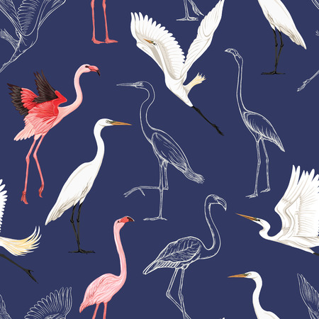 Seamless pattern, background with tropical birds. White heron, flamingo. Colored and outline design on navy blue background.. Vector illustration.のイラスト素材