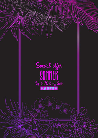 Template for greeting card, invitation or banner  with tropical plants, palm leaves, monsters and orchids. Outline hand drawing vector illustration. in neon, fluorescent colorsのイラスト素材