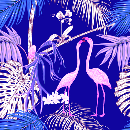 Seamless pattern, background. with tropical plants and flowers with white orchid and tropical birds in neon, fluorescent colors. Colored and outline design. Vector illustration.のイラスト素材