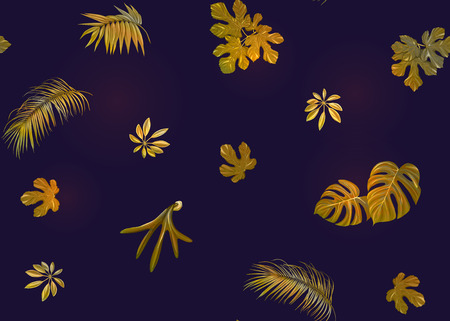 Tropic leaves seamless pattern in gold colors. Colored vector illustration. Isolated on black background.のイラスト素材