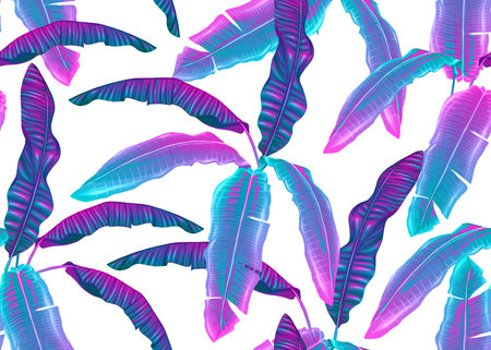 Tropic leaves seamless pattern in neon colors. Colored vector illustration. Isolated on white background.のイラスト素材