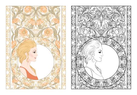 Portrait of a woman with long hair in floral frame in old, retro, art nouveau style. Colored and outline design. Vector illustration. Coloring page for the?adult coloring book with colored sampleのイラスト素材