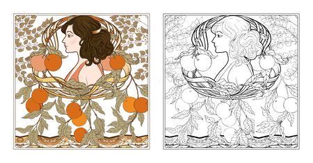 Portrait of a woman with long hair in floral frame in old, retro, art nouveau style. Colored and outline design. Vector illustration. Coloring page for the adult coloring book with colored sampleのイラスト素材