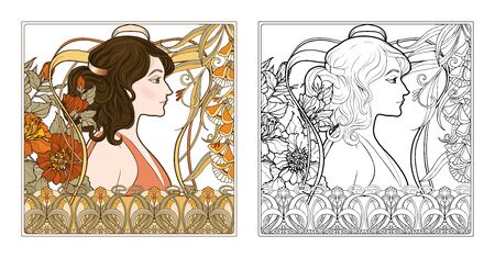 Portrait of a woman with long hair in floral frame in old, retro, art nouveau style. Colored and outline design. Vector illustration. Coloring page for the adult coloring book with colored sampleのイラスト素材