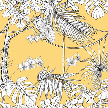 Tropical plants and white orchid flowers. Seamless pattern, background.  Graphic drawing, engraving style. vector illustration. On soft yellow background.のイラスト素材