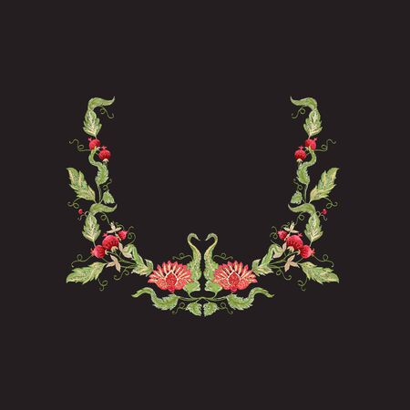 Floral decorative elements in jacobean embroidery style, fantasy floral pattern, vintage, old, retro style.  Embroidery imitation for neck line. Vector illustration.のイラスト素材
