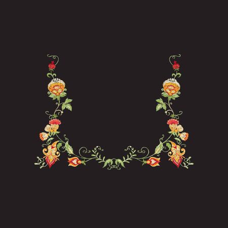 Floral decorative elements in jacobean embroidery style, fantasy floral pattern, vintage, old, retro style.  Embroidery imitation for neck line. Vector illustration.のイラスト素材