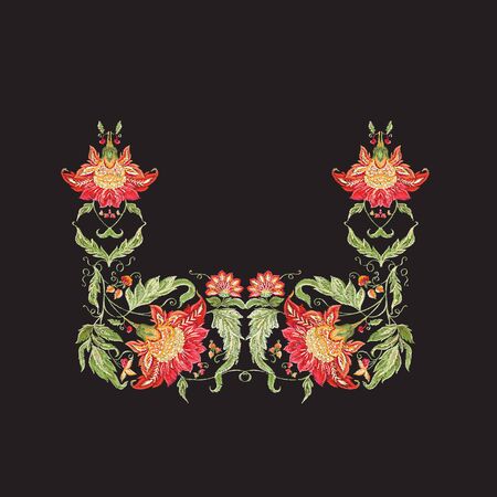 Floral decorative elements in jacobean embroidery style, fantasy floral pattern, vintage, old, retro style.  Embroidery imitation for neck line. Vector illustration.のイラスト素材