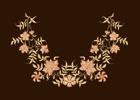 Embroidery with ethnic pattern in kalamkari style, fantasy floral pattern. Colored vector illustration.のイラスト素材