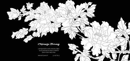 Peony tree branch with flowers in the style of Chinese painting on silk Template for wedding invitation, greeting card, banner, gift voucher, label. Black and white vector illustration..のイラスト素材