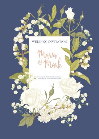 Wedding invitation with white roses and spring flowers. Graphic drawing, engraving style. Vector illustration. In vintage soft color on blue background.のイラスト素材