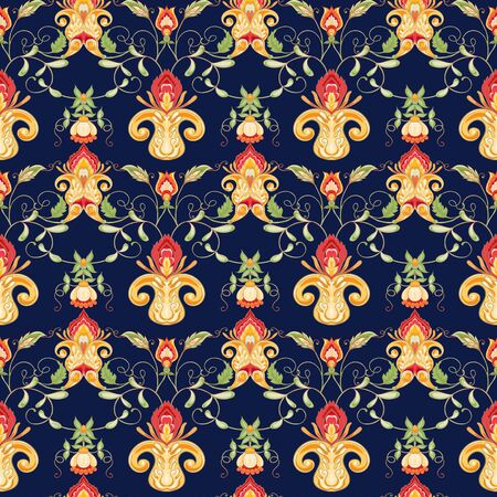 Seamless pattern with stylized ornamental flowers in retro, vintage style. Jacobin embroidery. Colored vector illustration on navy blue background.のイラスト素材
