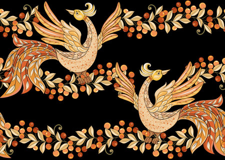 Fantasy floral seamless pattern with bird in jacobean embroidery style, vintage, old, retro style. Vector illustration in soft orange and green colors Isolated on black background.のイラスト素材