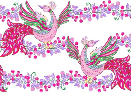 Fantasy floral seamless pattern with bird in jacobean embroidery style, vintage, old, retro style. Vector illustration in bright pink, purple and green colors Isolated on white background.のイラスト素材