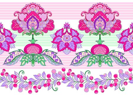 Fantasy floral seamless pattern in jacobean embroidery style, vintage, old, retro style. Vector illustration in bright pink, purple and green colors Isolated on white background.のイラスト素材