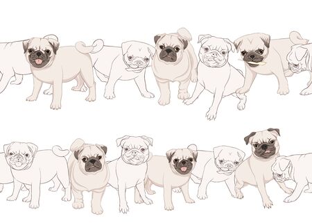 Seamless pattern, background with pug dogs. Colored and outline design. Vector illustration. Isolated on white background.のイラスト素材