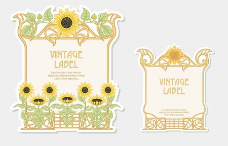 Sunflower. Set of 2 labels, decorative frames, borders. Good for product label with place for text Colored vector illustration. In art nouveau style, vintage, old, retro. Isolated on white background.のイラスト素材