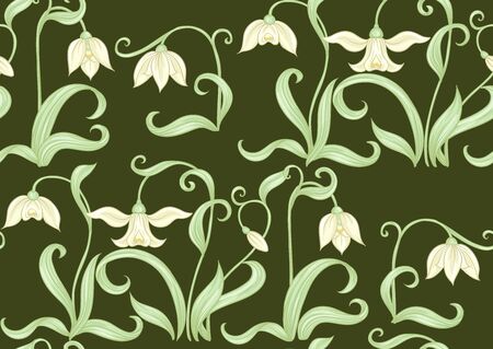 Galanthus, snowdrop, nivalis. Seamless pattern, background. Colored vector illustration in art nouveau style, vintage old retro style on army green backgroundのイラスト素材
