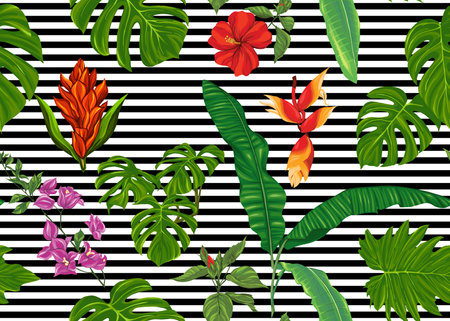 Seamless pattern, background with tropical plants, flowers. Colored vector illustration. On...