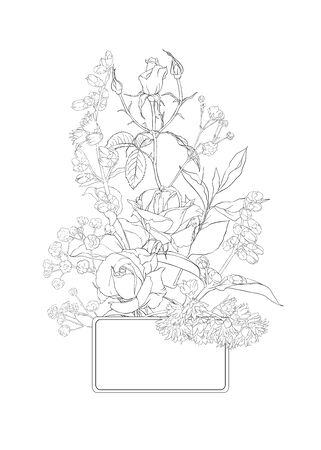 Wedding invitation with white roses and spring flowers. Outline hand drawing vector illustration.のイラスト素材