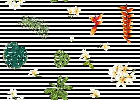 Seamless pattern, background with tropical plants, flowers. Colored vector illustration. On black-and-white stripes backgroundのイラスト素材