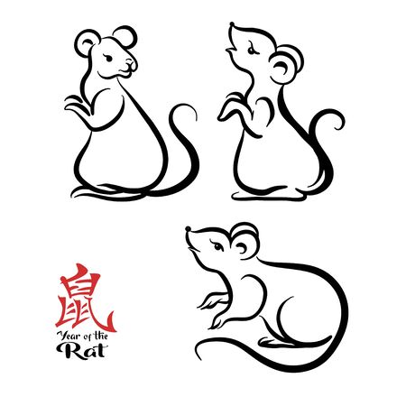 Set of three mouse, rat and elements for Chinese New Year 2020. Element for design. Chinese hieroglyphs with translations. Vector illustration..のイラスト素材