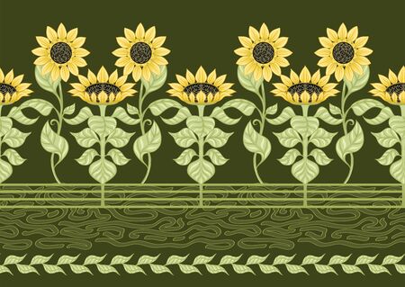 Sunflower. Seamless pattern, background. Colored vector illustration. In art nouveau style, vintage, old, retro style. On army green backgroundのイラスト素材