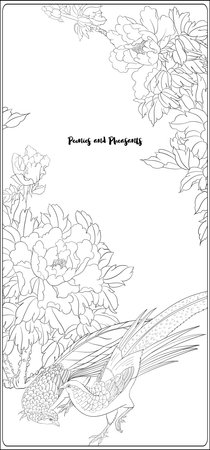Peony tree branch with flowers with pheasants in the style of Chinese painting on silk Coloring page for the adult coloring book. Outline hand drawing vector illustration..のイラスト素材