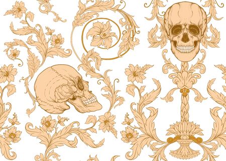 Floral pattern with human skull. Seamless pattern in baroque style. Vector illustration.のイラスト素材