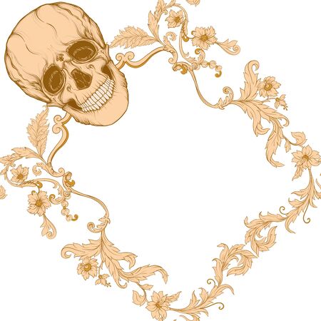 Floral pattern with human skull. Seamless pattern in baroque style. Vector illustration.のイラスト素材