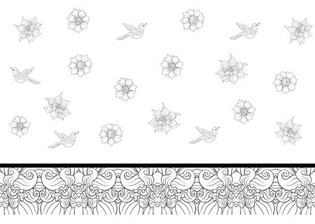 Floral Seamless pattern, background with bird In art nouveau style, vintage, old, retro style. Outline hand drawing vector illustration...のイラスト素材