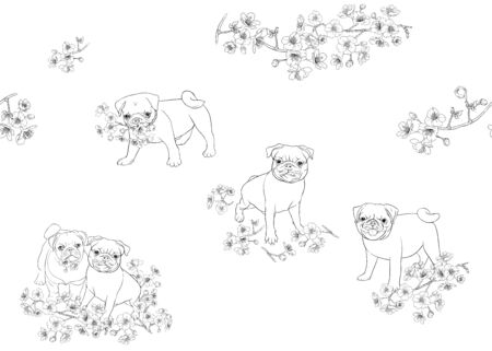 Seamless pattern with Pug dogs with blooming sakura spring flowers. Vector illustration. Outline hand drawing. Isolated on white background.のイラスト素材