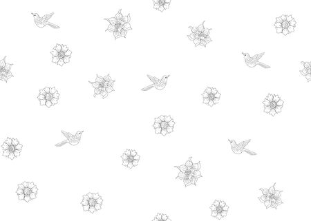 Floral Seamless pattern, background with bird In art nouveau style, vintage, old, retro style. Outline hand drawing vector illustration...のイラスト素材
