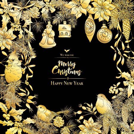 Merry Christmas and Happy New Year greeting card, banner with traditional winter plants and birds, vintage decoration, ribbon. Vector illustration In gold and black..のイラスト素材