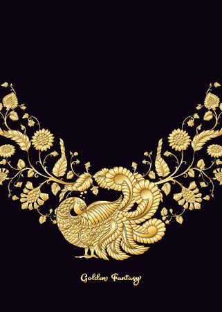 Indian ethnic pattern with stylized florwers with bird. In gold and black.Vector illustration in gold colors. .のイラスト素材