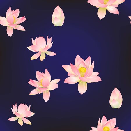 Lotus flowers seamless pattern. Vector illustration. On blue background.のイラスト素材