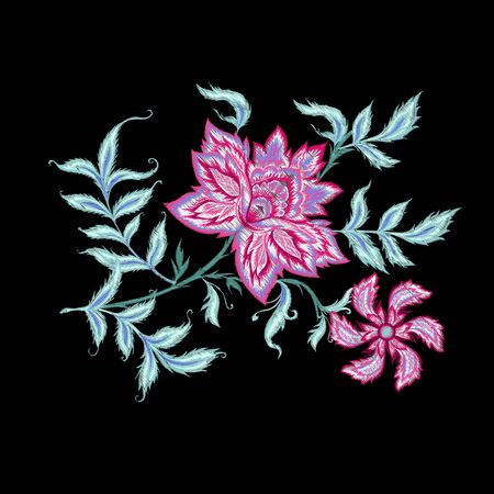 Embroidery with ethnic pattern in kalamkari style, fantasy floral pattern. Colored vector illustration.のイラスト素材
