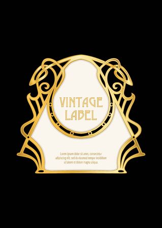 Label, decorative frame, border. Good for product label. with place for text In art nouveau style, vintage, old, retro style. In gold and black. Isolated on black background..のイラスト素材