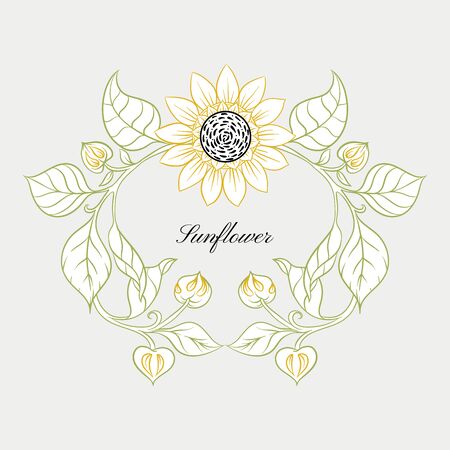 Sunflower. Set of elements for design Colored vector illustration. Outline hand drawing in art nouveau style, vintage, old, retro style..のイラスト素材