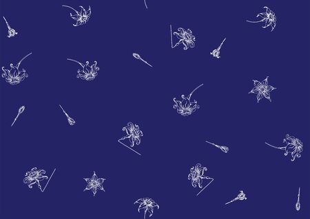 Narcissus. Imitation of traditional Japanese embroidery Sashiko. Spring flowers. Seamless pattern, background. Vector illustration. On navy blue background..のイラスト素材