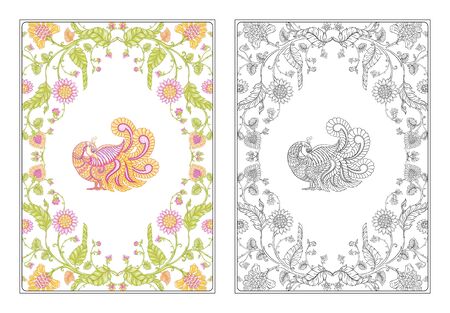 Indian ethnic pattern with stylized flowers and bird. Outline hand drawing vector illustration. Coloring page for the adult coloring book with colored sampleのイラスト素材